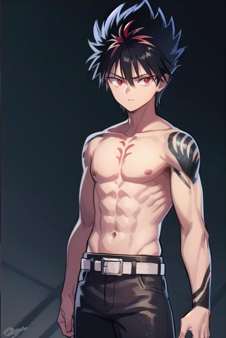 hiei, black hair, spiked hair, (red eyes:1.5), headband, hiei, black hair, spiked hair, (red eyes:1.5), third eye, retro artstyle, 1990s \(style\), belt, tank top, pants, black pants, black top, belt, tank top, pants, black pants, black top, (bandaged arm:1.5), belt, pants, black pants, (bandaged arm:1.5), topless, belt, pants, black pants, topless, tattoo, (dragon tattoo:1.2), arm tattoo, (black tattoo:1.2),