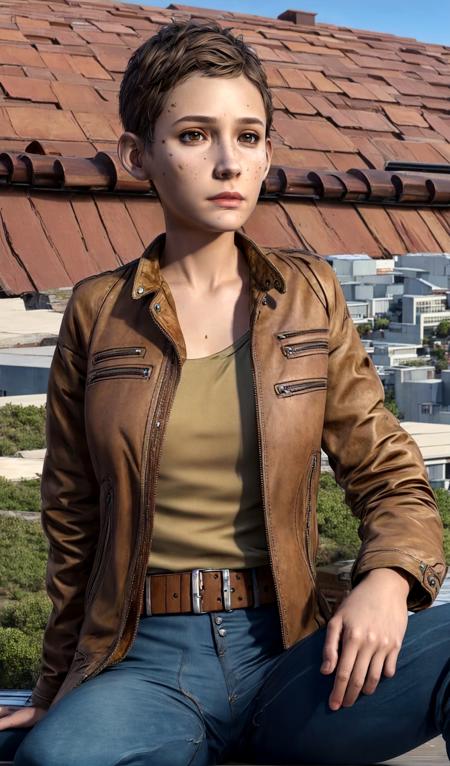 Jane,brown hair,dirty face,short hair,belt,pants,jacket, standing,upper body, (insanely detailed, beautiful detailed face,beautiful detailed eyes, masterpiece, best quality),solo, <lora:JaneTWDv1.1:0.8>, sitting on a rooftop, sunny