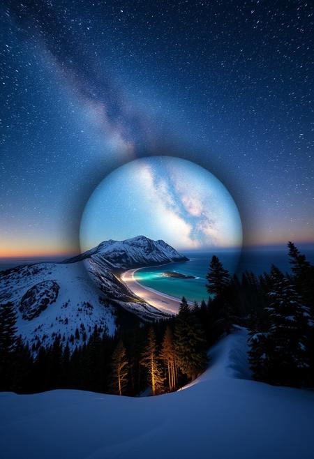 Time lapse photo of the night sky over a cold snowy mountain with a double exposure in the shape of a keyhole showing tropical beaches