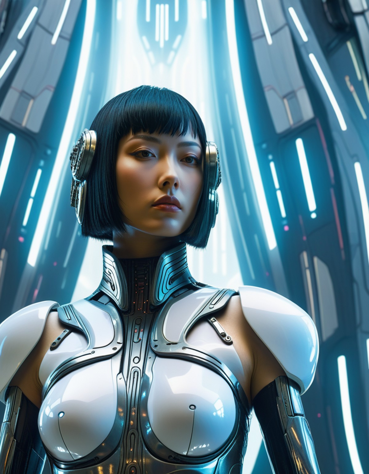 a woman in a futuristic standing,  with a futuristic background , Ai-Mitsu, futuristic, cyberpunk art, retrofuturism, uppe...