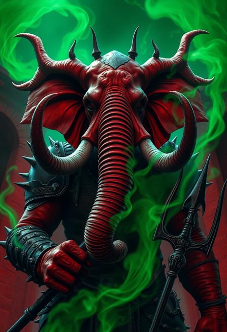 A terrifying evil elephant-headed man with a split trunk. Red skin. Two elephant trunks. Barbed tusks. Wearing spiked armor. Holding a barbed trident. Surrounded by green swirling gas. Red prison walls in the background.  In the style of a fantastical horror film.
