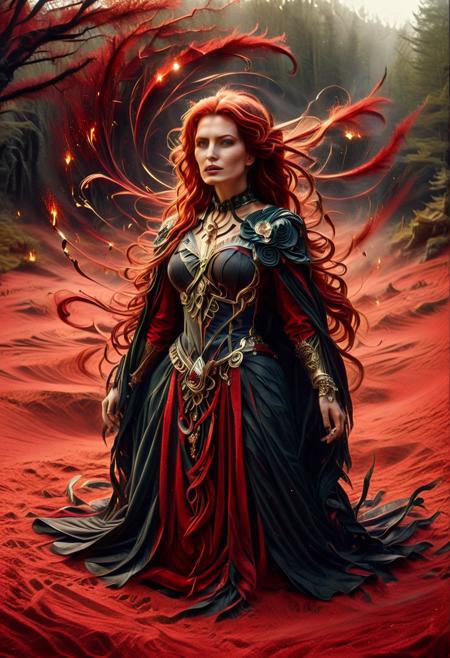 sandswirl, (red swirling sand background:2), indoors, standing, 1woman, solo, long hair, black choker, eyeliner, gorgeous lips, covered breasts, cinematic, best quality, ultra-detailed, very aesthetic, (natural eyes:1.4), freckles, aloof, (masterpiece:1.1), small waist, fitness body, wide hips, 32 years old, golden blond hair, censored, (big stained glass windows:1.4), (swirling sand Victorian dress:1.6), (red ruby clothes:1.6), high end closure, Evil Queen, cinemascope, moody, epic, gorgeous, film grain, natural hands, red elbow gloves, knee boots, dramatic, ritual magic, freyja, auburn hair, braided hair, magic, forest, Viking queen, mythic beauty, feathered cloak, fur, armor, robe, braid, rune jewelry, photorealistic, cinematic, flowers, jewelry, photorealism, cinematic lighting, high fantasy, mythic portraiture, soft background, northern folklore aesthetic, (fully dressed:2), (RAW photo), 4K, best quality, realistic, photorealistic, masterpiece, extremely detailed, an extremely delicate and beautiful, dynamic, realistic anatomy, candle lighting, perfect shading, professional shading, depth of field, great lighting, goth wedge boots, elegant, gorgeous, highly detailed, detailed fluorescent hair with dark roots, 35mm, f1.4, dark lipstick, full shot photo, perfect face, perfect anatomy, cute, beautiful, perfect beauty, amazing beauty, absolutely perfect, perfect skin, gentle, highly detailed, breathtaking, clear skin, (swirling sand clothes:2.6).