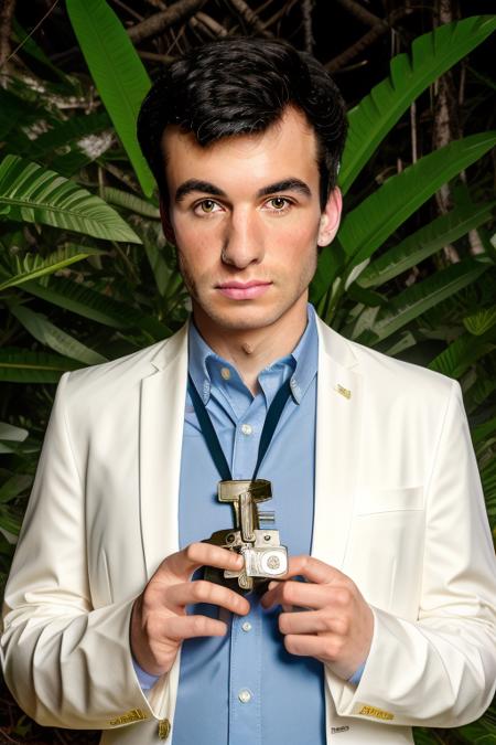 raw photo of a young man, extreme close up, in a stunning oversized white suit, baggy white suit, (confused), holding a key, in a jungle paradise, 8k uhd, fujifilm xt3