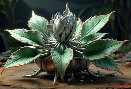 ((best quality)), ((masterpiece)), ((realistic, digital art)), (hyper detailed), scrapbuiltai, Oversized Pewter Bushy Needle-like plant, Bipinnate Crenate leaf, Brochidodromous Venation, Rosette, Dentate Leaf Margin, Seafoam Green Amphitropous Seeds, Filamentous, Gamosepalous, Basal, Spreading root, octane rendering, raytracing, volumetric lighting, Backlit,Rim Lighting, 8K, HDR,