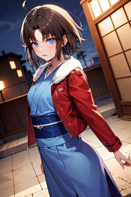 masterpiece, best quality, highres, hmshiki, short hair, ahoge, red jacket, blue eyes, blue kimono, open clothes, fur trim, <lora:ryougi_shiki_v1:0.7>, multicolored eyes, cowboy shot, outdoors, night,