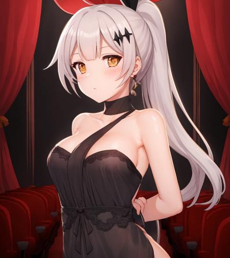 fiveseven, (wa2000Dress:1), theater, red curtains, white hair, arms behind back, 
<lora:FiveSeven:1> <lora:Wa2000Dress_Costume:1>