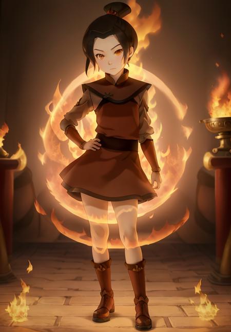 masterpiece, best quality, high quality, 1girl, solo, girl focus, looking at viewer, full body, <lora:Young Azula:1>, Young Azula, detailed face, ((photograph, photographic photo, photogenic, photo realistic)), fire on hands