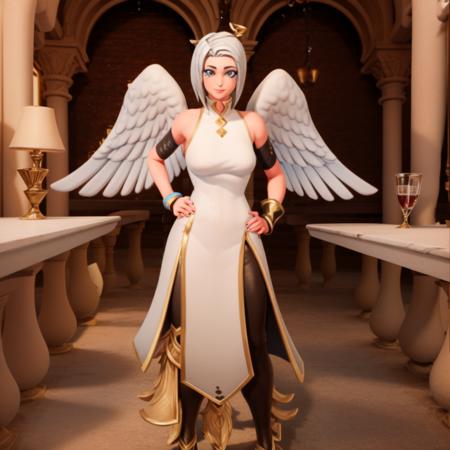 1girl, beautiful, dress, black leggings, standing, facing the viewer, solo focus, pretty face, <lora:ark_fortnite_1:1>, wings, full body, 3d,