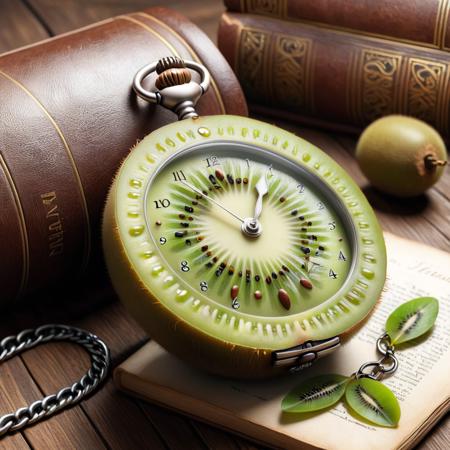 concept art (Digital Artwork:1.3) of (Ultrarealistic:1.3) <lora:DalE-3-FFusion-LoRA-ViT-FA:1> 4K photorealistic image of a kiwi fruit transformed into a pocket watch. The kiwi's seeds form the watch's numbers and its central core acts as the watch's hands. The watch chain is a vine, and it rests on an antique wooden table next to a vintage book.,CGSociety,ArtStation . digital artwork, illustrative, painterly, matte painting, highly detailed