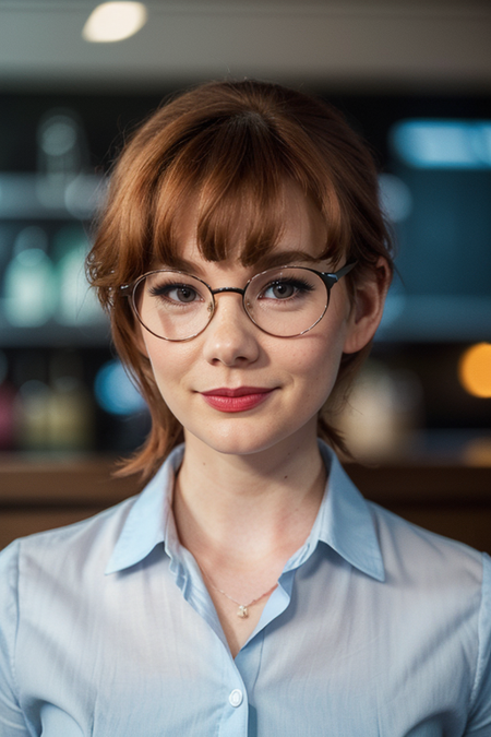 MaryBerg, photography by (Rodney Smith:1.3), ((face focus, shoulders)), (business dress, facing viewer, dark bar, blurry background, bokeh, ID photo:1.3), smile