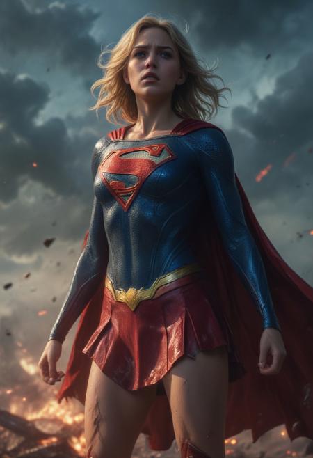 High resolution ultra-realistic of Beautiful Supergirl fighting against alien invasion, cinematic style, standing on a bloody and stormy battlefield in a fighting pose, bloody massacre, realistic blue combat costume, red mini skirt, red cape, perfect athletic figure, wavy blonde hair, handsome dirty bloody face, beautiful perfect detailed pupils, wet oily shiny skin, covered in dirty and blood, beautiful firm Breasts, defiant and seductive, attractive 21 year old Supergirl, 8k resolution concept art portrait by Greg Rutkowski, Kiernan Shipka, Dark Gotham City, Artgerm, WLOP, Alphonse Mucha, dynamic lighting, hyperdetailed, intricately detailed, Splash art trending on Artstation triadic colors, Unreal Engine, 5 volumetric lighting, Cinematic Lighting, intricate, smooth, sharp focus digital painting, Asymmetrical Balance, realistic eyes, ultra detailed atmospheric details, sparkle effects, realistic body proportions, beautiful body Supergirl proportions, complex masterpiece, dramatic atmosphere