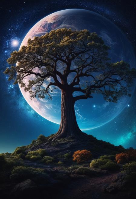 big bushy tree, in the crown of the tree clock, night, sky, saturn, near the earth, space, many stars, beautiful colors in the night sky, cosmic, memorizing, beautiful, realistic, nebula on the background of the sky