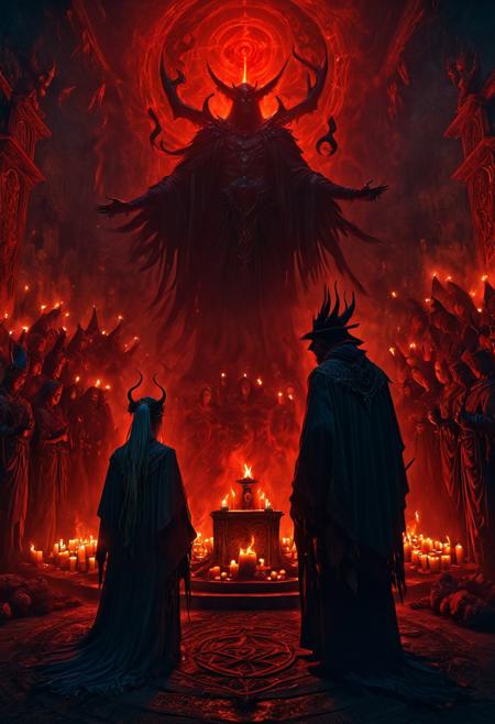 In this captivating scene, a satanic ritual is taking place, enveloped in a dramatic atmosphere of mystery and intrigue. The scene is bathed in the flickering light of candles, casting mysterious shadows and creating a haunting ambiance. The backdrop is dark and ominous, featuring an array of menacing objects that contribute to the eerie mood.
The central figures, a man and a woman, are dressed in ceremonial attire, their intense expressions conveying a sense of determination and focus. Surrounding them are intricate symbols, further heightening the sense of occult mystique.
The use of deep reds and blacks adds to the chilling effect, while the ultra-detailed, cinematic quality of the scene draws the viewer in, immersing them in the atmosphere of darkness and supernatural power. The high-contrast lighting creates a striking visual impact, enhancing the overall sense of foreboding and unease.
This masterful depiction of a satanic ritual expertly captures the eerie mood and supernatural tension of the scene, offering a captivating and unforgettable visual experience.