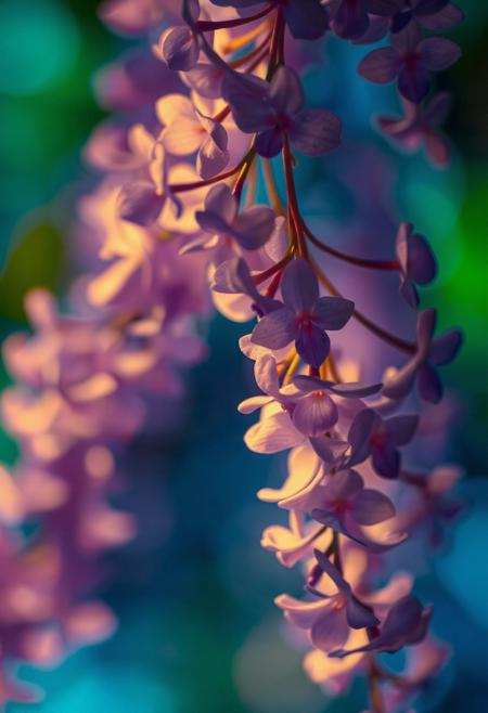 Photorealistic macro photography, capturing swirling, luminous forms reminiscent of a lava lamp, but composed of blooming Wisteria blossoms. The blossoms cascade through a deep indigo and emerald green environment, illuminated by soft, diffused golden light. Delicate petals drift and intertwine, creating a sense of tranquil motion and otherworldly beauty. The composition utilizes the rule of thirds, with a shallow depth of field emphasizing the foreground blossoms against a softly blurred background, evoking a dreamy, nostalgic atmosphere.