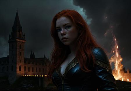 ginger, pale skin, blue eyes,casting a fireball, freckles, portrait, masterpiece, launching a large beam from his hand, castle in background,Big best quality, highly detailed, cinematic film, dramatic lighting shadow, nikon, high budget, hyper detailed, expressive,  award winning, intricate details, looking at viewer, dynamic pose, atmospheric haze, highly detailed, high budget, color graded cinematic, atmospheric lighting, intrincate details, high resolution <lora:ginger_v03:1>