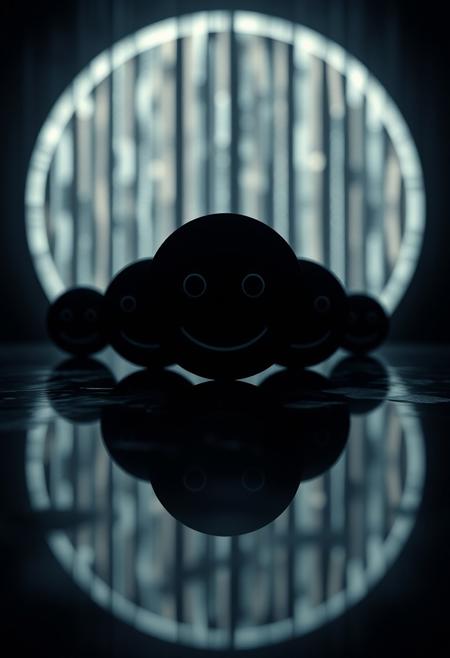 highly detailed and hyper realistic photo, by Alena Aenami , by Archibald Thorburn , by Daniele Afferni , minimalistic line emoticons on a black background. in the style of the MATRIX, in the style of  monochromatic silhouette reflection,  limited dark palette, unusual dark colors, faded colors, atmospheric haze, highly dramatic cinematic lighting, motion blur, film grain,  professional, excellent composition, finest details, maximized details, ultimate detail level, masterpiece, best quality