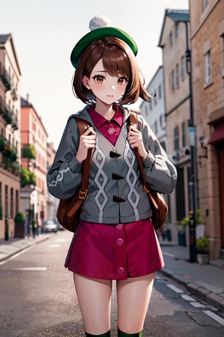 masterpiece, best quality, highres, gloria1, 1girl, gloria \(pokemon\), brown hair, solo, backpack, brown eyes, tam o' shanter, grey cardigan, pink dress, short hair, green socks, socks, brown bag, bob cut, bangs, long sleeves, collared dress, <lora:gloria_(pokemon)_v1:0.6>, cowboy shot, standing