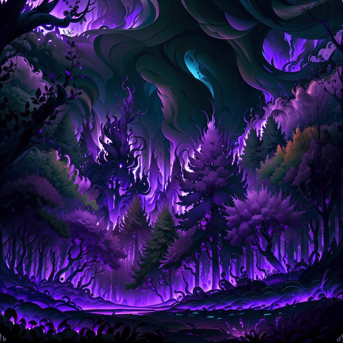 masterpiece, absurdres, extremely detailed,  <lora:MadeOfFireAI:1>, madeoffireai, purple fire, forest, day, volumetric lig...