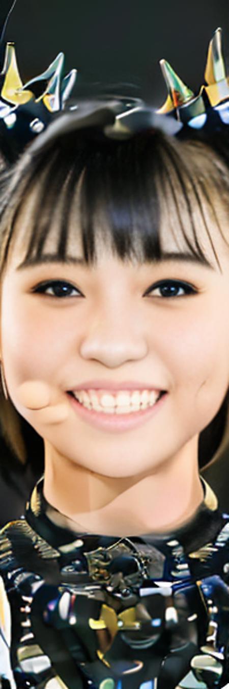 <lora:Moametal-10:1>  a woman , girl young smiling symmetrical face,  symmetrical face, beutiful face