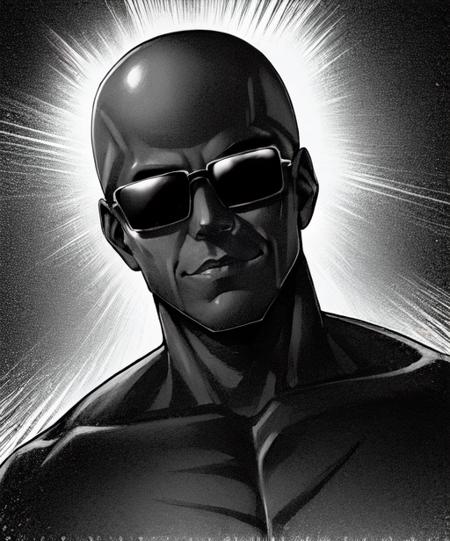 (man:1.4), in the style of  <lora:marvin:0.45>, manga, monochrome, greyscale, muscular, sun glasses, black, (dark skin, african american:1.4), chiseled face, big lips, portrait, (bald:1.3), topless, no shirt, evil grin, teeth