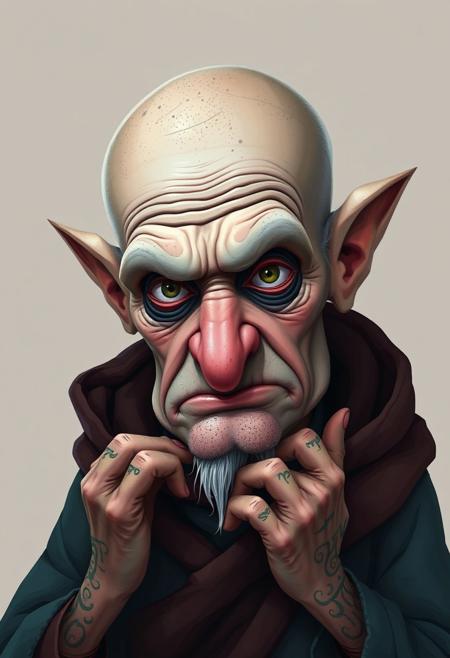 Modern flat design. A surreal, highly detailed caricature of an elderly man with exaggerated features: bald head, speckled with textures, furrowed brows, deep-set eyes, elongated ears, and exaggerated hands. Muted blues and reds in clothing and subtle tattoo-like markings.  His expression is wisdom, mischief, and introspection. Mystic enchanting environment, gentle color contrasts, dreamlike atmosphere, otherworldly ethereal quality, simple two-dimensional shapes.