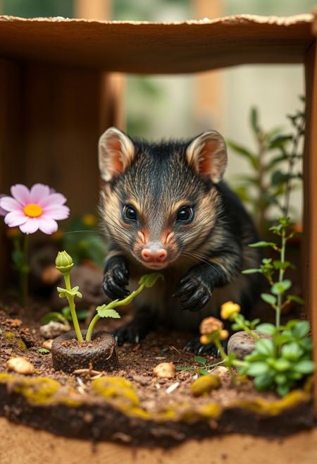 a cute tasmanian devil is gardening. tasmanian devil is a inside a cross section model diorama of a garden, the camera is pointed down at a 45 degree angle.  highly expressive reactions.
