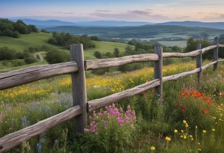 "A rustic wooden fence with a weathered finish, surrounded by colorful wildflowers, set against a backdrop of a serene countryside landscape."