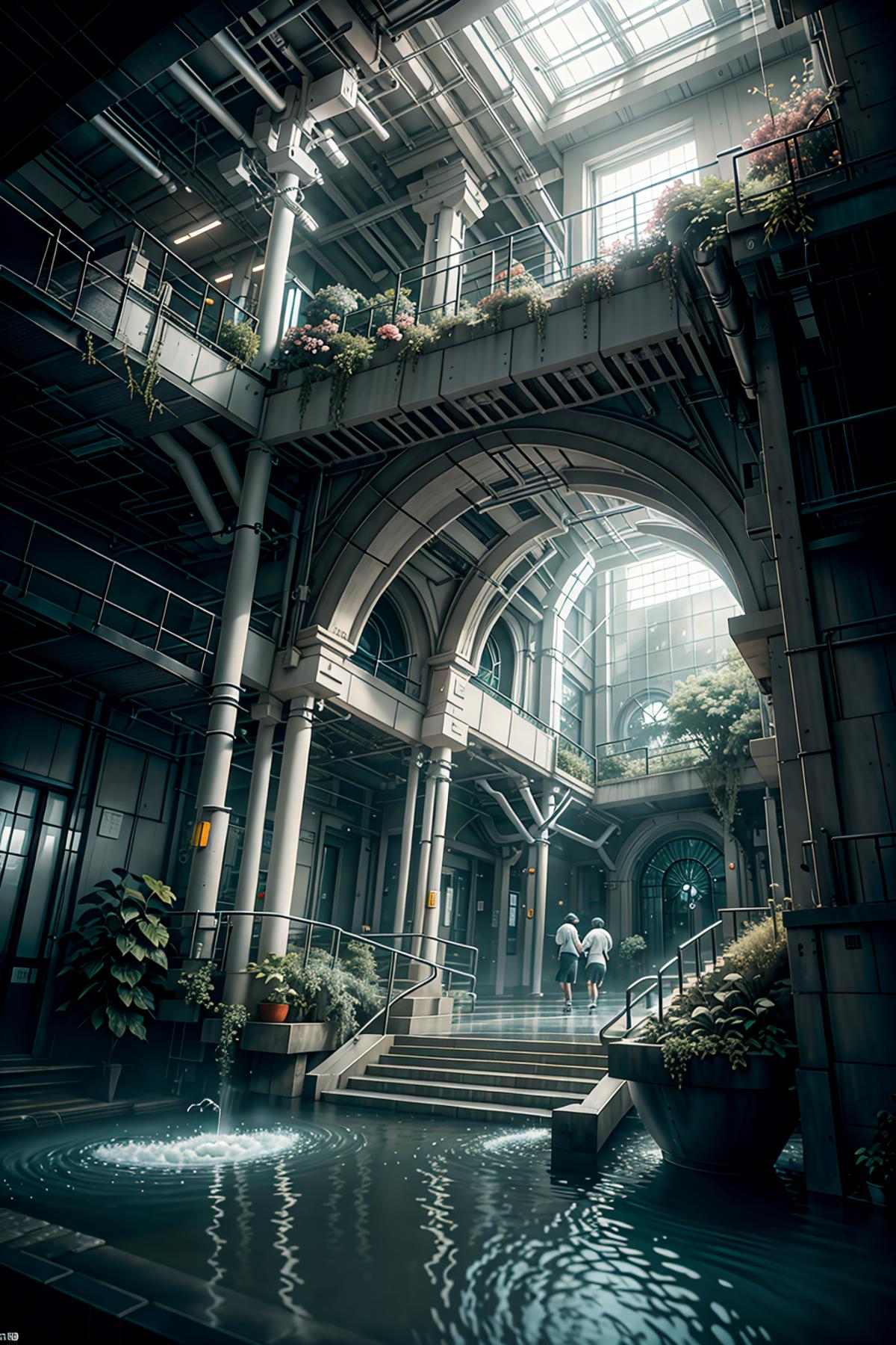 A 3D artwork of a large building with a balcony, statues, and a staircase.