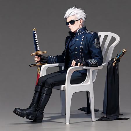 masterpiece, best quality, motivatedchair, (((wheelchair))), solo, short hair, simple background, shirt, gloves, long sleeves, 1boy, white background, holding, sitting, closed mouth, jacket, full body, weapon, white hair, grey hair, male focus, boots, open clothes, black gloves, pants, sword, artist name, fingerless gloves, black footwear, holding weapon, vest, coat, black shirt, shadow, chair, holding sword, black pants, sunglasses, knee boots, katana, sheath, forehead, open coat, black coat, sheathed, can, blue vest, on chair, hair slicked back, blue coat, holding can, beer can, holding sheath <lora:motivatedchair:1>