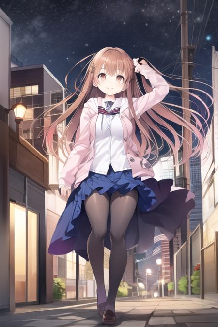 masterpiece, best quality, <lora:himenosena:0.8>, glowing eyes, 1girl, smile, school uniform, pantyhose, ponytail, standing, night sky, city street, city buildings background, extremely detailed background