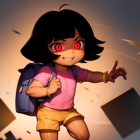 ((masterpiece, best quality)),(complex light), full body, solo, Dora, child, <lora:Dora_Explorer1-10:0.6>, pink shirt, shorts, bracelet, backpack, eye trail, brown eyes, tan skin, smirk, glowing eyes, floating, dark lighting, destroyed debris background, red eyes