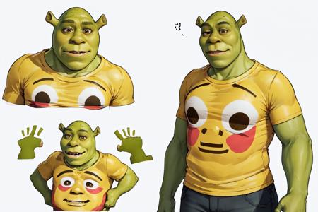 High Quality, Masterpiece, incrsemojishirt, multiple views, yellow shirt, <lora:FlushedEmojiShirt:1>, shrex, green skin, ogre, shrek, <lora:Char_Sigmas_Shrek:0.9>