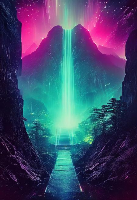 ()Hyoer Realistic:2.0)Polaroid picture 
an image of 
A futuristic, neon-lit (Appalachian mountain range, transformed into a utopian resort.:1.28) Towering skyscrapers and sleek, curved architecture blend seamlessly with the natural landscape. Holographic waterfalls cascade down the sides of mountains, while levitating walkways connect the peaks. The air is clean and fresh, filled with the sweet scent of blooming flora. In the distance, a massive, glowing portal pulses with energy, connecting the resort to other dimensions. (The atmosphere is one of serenity and wonder, as people from all walks of life come to marvel at this technological marvel.:2.2)