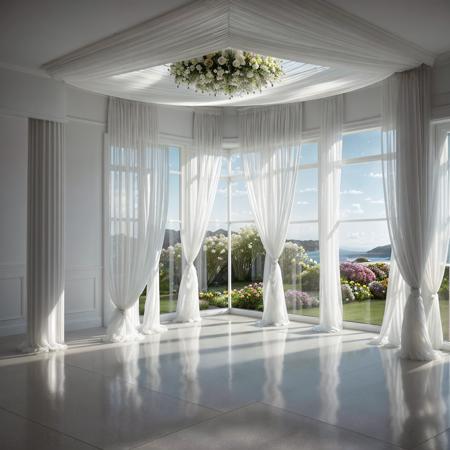 professional 3d model A bright room with light walls and a light floor. Soft, diffused light streams in from a large window on the left. In the center of the room stands an abstract, shapeless structure, subtly blending into the environment. Draped over the structure are flowing waves of fabric, likely chiffon or organza, creating a sense of movement. Attached to the structure are delicate compositions of large flowers, also crafted from organza or chiffon. The overall atmosphere is light, airy, and reminiscent of spring, evoking feelings of freshness and elegance. . octane render, highly detailed, volumetric, dramatic lighting