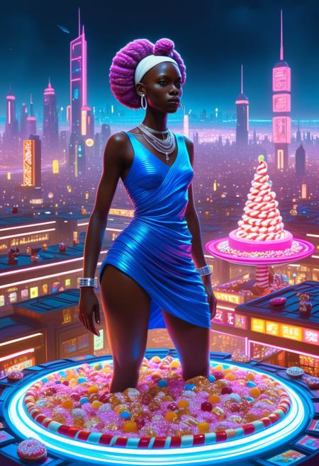 A flabby Senegalese alien woman with twist hair, dressed in a vibrant blue dress with white trim, sparkling necklace, silver earrings, and silver bracelet, stands on a floating island of candy and sweets, amidst a neon-lit, hyperdetailed urban skyline. Framed in a medium shot, with an eye-level angle and rule of thirds composition, she assumes a confident pose, hands on hips, slight body twist, and centered subject. Inspired by the futurism of Blade Runner's visuals, the scene features a warm, golden light with a slight magenta undertone, cast by a combination of softbox lights positioned at a 45-degree angle, and neon strips lining the island's edges, creating a sense of depth and dimensionality, with a subtle film grain and vivid, saturated color grading, reminiscent of a Syd Mead concept art piece, with intricate, high-contrast details and a sense of wonder.