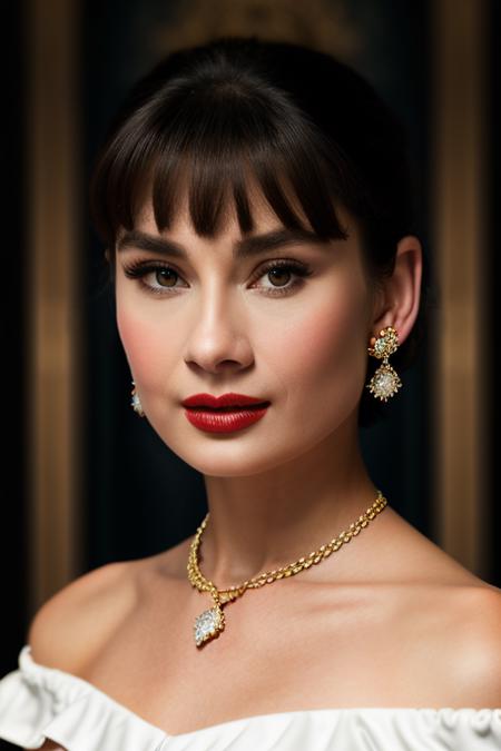 Realistic photo of a beautiful 4udr3yh-v2 woman, 1girl, solo, breasts, looking at viewer, short hair, black hair, dress, bare shoulders, jewelry, collarbone, upper body, earrings, off shoulder, white dress, blurry, lips, makeup, shadow, realistic, off-shoulder dress, red lips, soft lighting, professional Photography, Photorealistic, detailed, RAW, analog, sharp focus, 8k, HD, DSLR, high quality, Fujifilm XT3, film grain, award winning, masterpiece<lora:4udr3yh-v2:1.0>