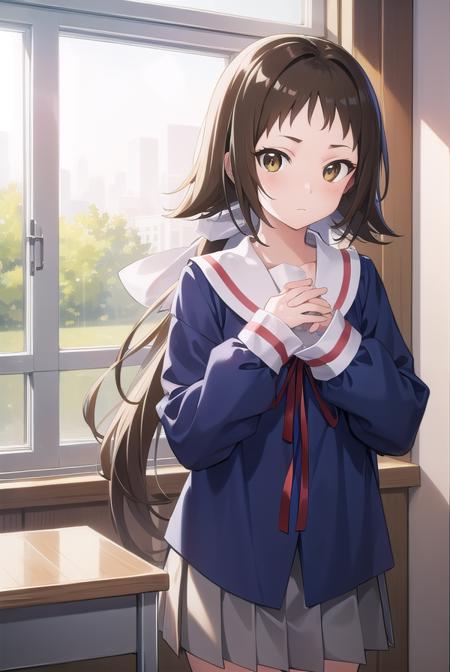 mashiromitsumine, <lyco:mashiromitsumine-lyco-nochekaiser:1>,
mashiro mitsumine, (brown eyes:1.5), brown hair, ponytail, (flat chest:1.2),
BREAK grey skirt, long sleeves, neck ribbon, red ribbon, ribbon, sailor collar, school uniform, skirt, white sailor collar, (blue shirt:1.5),
BREAK looking at viewer, full body,
BREAK indoors, classroom,
BREAK <lyco:GoodHands-beta2:1>, (masterpiece:1.2), best quality, high resolution, unity 8k wallpaper, (illustration:0.8), (beautiful detailed eyes:1.6), extremely detailed face, perfect lighting, extremely detailed CG, (perfect hands, perfect anatomy),