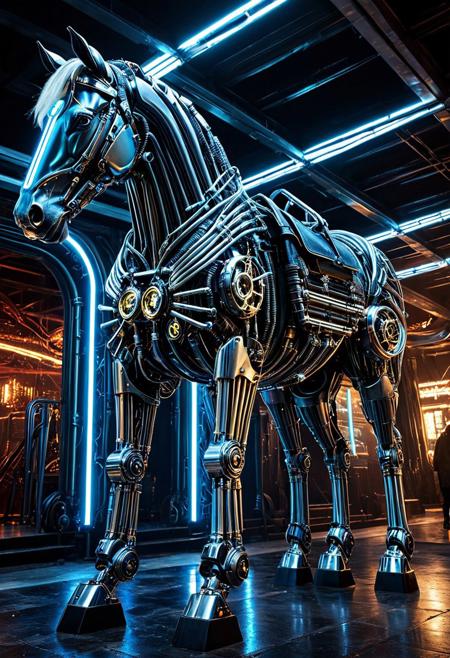 futuristic biomechanical horse made of metal and pipes, exposed tubing along the legs and neck, glowing energy conduits, cybernetic joints and gears, sleek armored plating, steam and neon lights emerging from vents, industrial sci-fi design, dramatic lighting, concept art style, ultra-detailed, cyberpunk city background, cinematic angle, quantum core embedded in the chest, qu4ntum