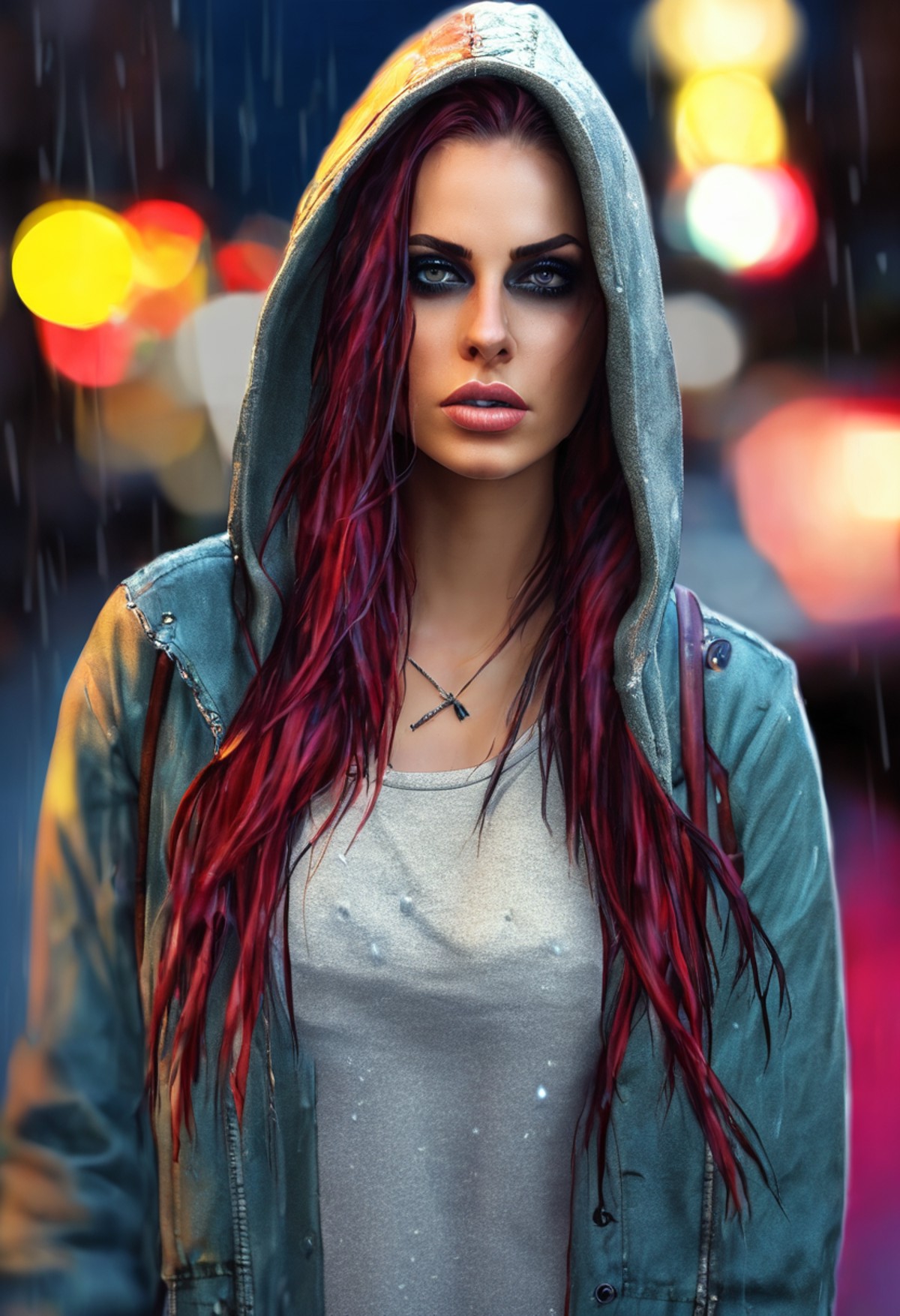 beautiful 25 year old goth woman wearing a hoodie with the hood up, she is soaked through from heavy rain, her hair is a m...