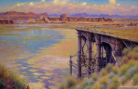 (impressionism:1.15), salt flat, Cliff/Bluff, industrialism, (john berkey:0.6), rural, scene painting,scenery,a painting, industrial pipe,no humans,bridge,grass,water, <lora:å·¥ä¸è¸æ±½:0.4>,