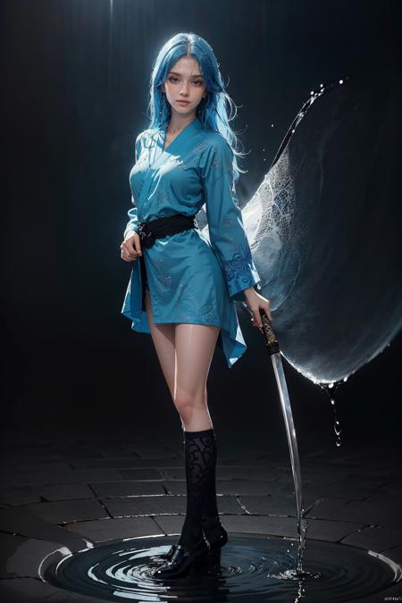 (best quality, masterpiece, colorful, dynamic angle, highest detailed)full body photo,epic realistic, (close up), 1girl, floating blue_hair, long hair, (water:0.7), waterdrop, wet, holding_katana, blue_kimono with intricate pattern, ultra detailed, (textured_clothing), black_background,  (intricate details, hyperdetailed:1.15), detailed, light passing through hair, (official art, extreme detailed, highest detailed), <lora:katyasitakv1:1> katyasitak