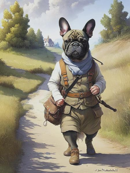 <lyco:Jean-BaptisteMonge:1.0> Cute chunky anthropomorphic french bulldog, dressed in rags, walking down a rural road, illustration. by Jean-Baptiste Monge + Emily Carr + Tsubasa Nakai