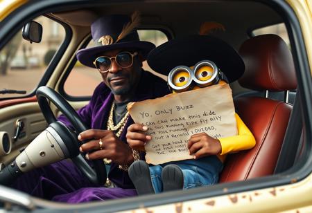 An anthropomorphic Snoop Dogg, radiating smooth charisma, sits confidently in the driver’s seat of a quirky, vintage Fiat 500. He’s decked out in his usual pimp regalia—deep purple velvet suit, wide-brimmed hat adorned with a feather, gold chains, and flashy rings—gripping the steering wheel with cool authority, his stylish cane resting against the dashboard.
In the cramped passenger seat, a mischievous Minion lounges next to him, its wide eyes peeking out from behind oversized goggles. Dressed in its classic blue overalls, the Minion holds a crumpled, slightly torn letter in its small hands. The edges of the letter are singed and stained, and the messy handwriting reads:
"YO, ONLY BUZZ CAN MAKE THIS TINY RIDE FLY.  
TIME’S RUNNING OUT—GET YOUR HEAD STRAIGHT OR LOSE IT.  
-THE BOSS."
Inside the Fiat, the interior is worn but still exudes retro charm with cracked leather seats and vintage details. Outside, a neon-lit Miami backdrop of swaying palm trees and gritty, shadowy streets contrasts sharply with the quirky little car. The scene is hyperrealistic, blending Snoop’s laid-back, larger-than-life presence with the Minion’s playful mischief and the car’s eccentric appeal, creating a vibrant, highly detailed tableau full of energy, humor, and surreal flair.