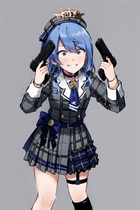 <lora:Guns Akimbo:0.9>, guns akimbo, looking at viewer, smile, teeth, grey background, leaning forward, parody, holding gun, handgun, dual wielding, wide-eyed, crazy eyes, crazy smile, <lora:hoshimachi_suisei_v1:0.7>, sui1, 1girl, solo, side ponytail, hoshimachi suisei, single thighhigh, jewelry, single sock, thigh strap, bracelet, blue socks, buttons, single kneehigh, plaid dress, blue choker, blue belt, plaid skirt, mini crown, grey skirt, blue ascot, long sleeves, plaid jacket