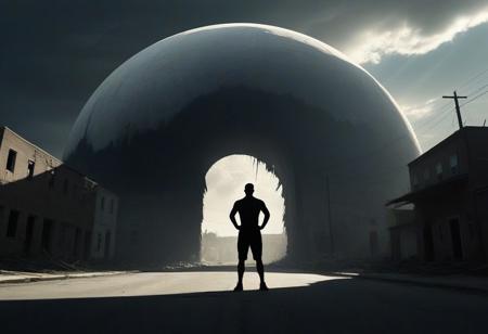Central Object: a silhouette of an athletic man is standing inside of  A massive, glowing white half-dome  of energy in the middle of a rural street  It’s slightly cracked and fraying around the edges, giving the impression of overwhelming power being barely contained or just released. 
Foreground: shadowy remnants of buildings are shown indicating destruction or abandonment.
Surroundings: The entire area appears flattened or vaporized, with scattered black shapes resembling the remnants of structures 
Sky: The sky is filled with dramatic, painterly clouds
