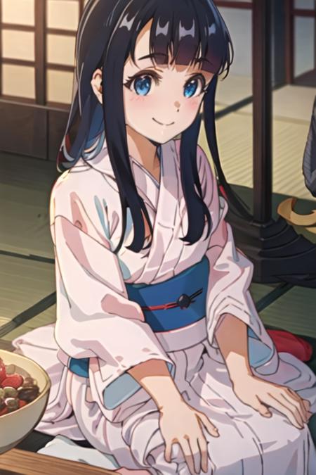 best quality, masterpiece, highres, solo, {yukata:1.40}, {kimono:1.20}, {koganeikoyuzu_edomaeelf:1.15}, black_hair, long_hair, bangs, blue_eyes, blush, smile, blunt_bangs