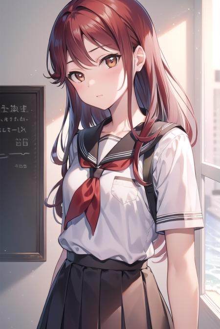 rikosakurauchi, <lyco:rikosakurauchi-lyco-nochekaiser:1>, 
riko sakurauchi, (brown eyes:1.5), hair between eyes, long hair, (red hair:1.5), (small breast:1.2), 
BREAK grey skirt, neckerchief, pleated skirt, red neckerchief, school uniform, serafuku, shirt, short sleeves, skirt, white shirt, uranohoshi school uniform,
BREAK looking at viewer, 
BREAK indoors, classroom, 
BREAK <lyco:GoodHands-beta2:1>, (masterpiece:1.2), best quality, high resolution, unity 8k wallpaper, (illustration:0.8), (beautiful detailed eyes:1.6), extremely detailed face, perfect lighting, extremely detailed CG, (perfect hands, perfect anatomy),