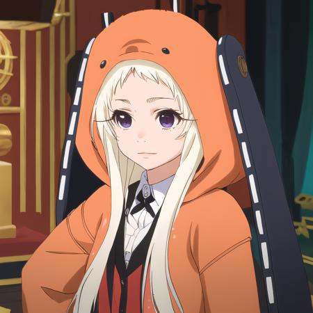 best quality, masterpiece, ultra-detailed,1 girl. solo, yomozuki runa, blonde hair, purple eyes, long hair,  kigurumi, ((black animal ears)), red school uniform,