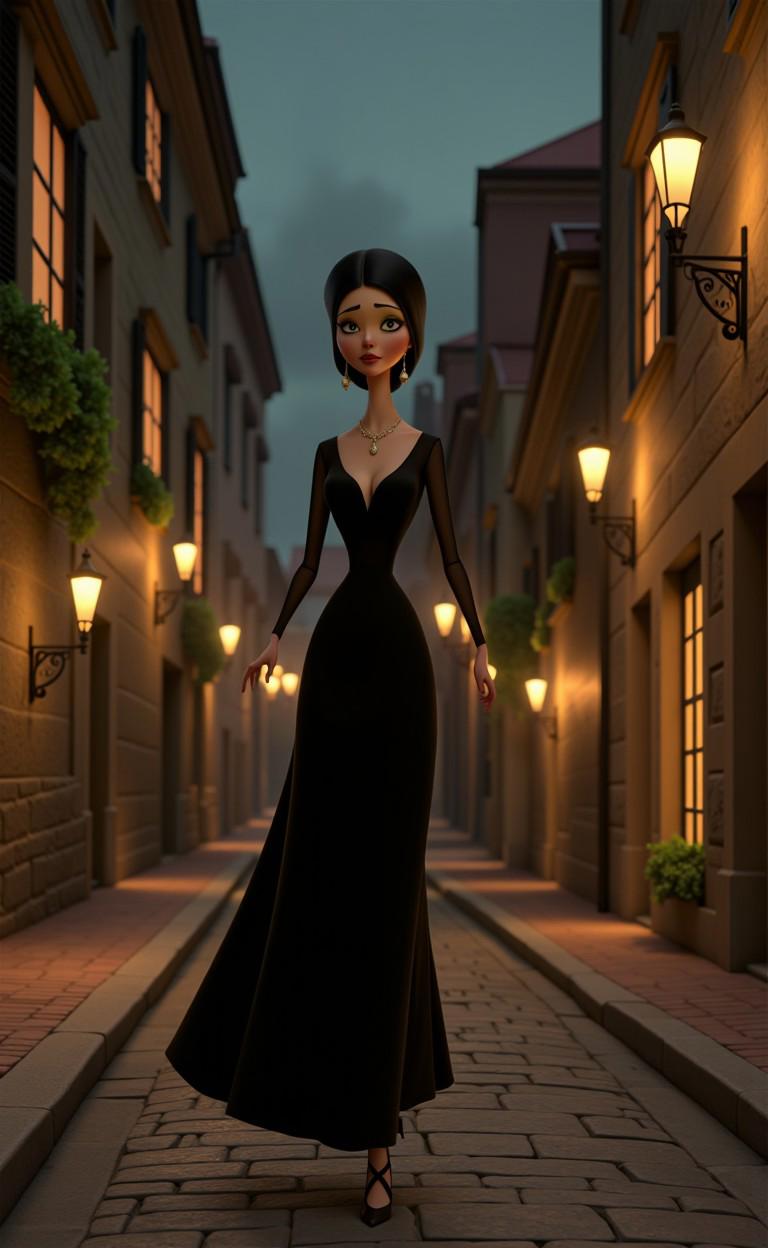 adefimo style woman, dangerous A woman in an elegant dress walking down a narrow cobblestone street in an old European town at dusk, with warm lights glowing from windows and street lamps.
<lora:flux_halloween_s04_addams_family_adefimo_style:0.75>