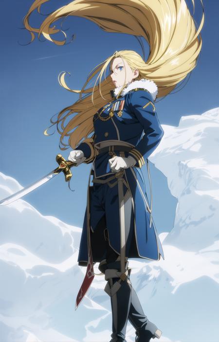 <lora:olivier1:0.8>
 highres, (best quality:1.1),(highly detailed:1.1),
olivier, 1girl, huge breast,thick lips,blue eyes,blond,solo,
blue sky, sky, solo, sword, white gloves, holding a sword, standing, from the right side, floating hair, amestris military uniform, fur-trimmed coat, Briggs Landscape,